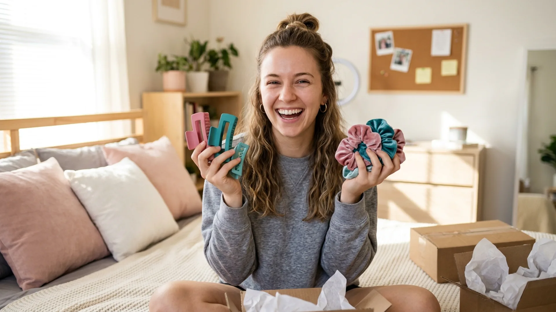Woman styling her hair with curated accessories