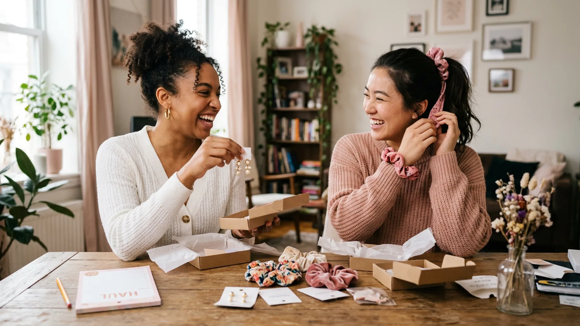 Two friends unboxing accessories together